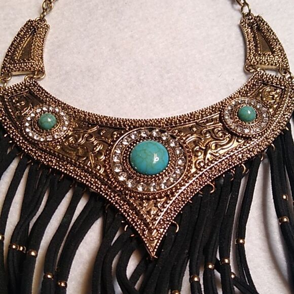 Bohemian Gold and Black Fringe Necklace Three Cabochons circled Rhinestones - Picture 5 of 8